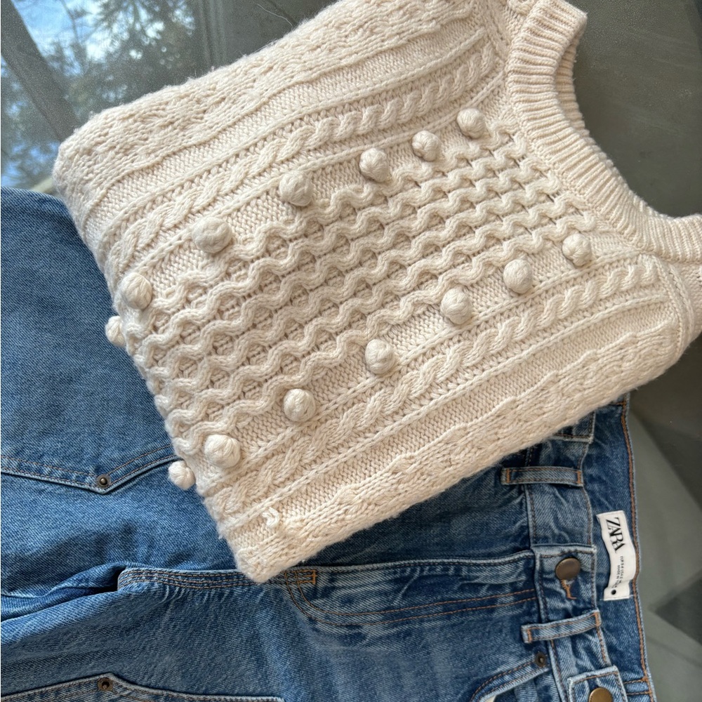 jcrew wool fisherman sweater and Zara jeans, both fit xxs-xs